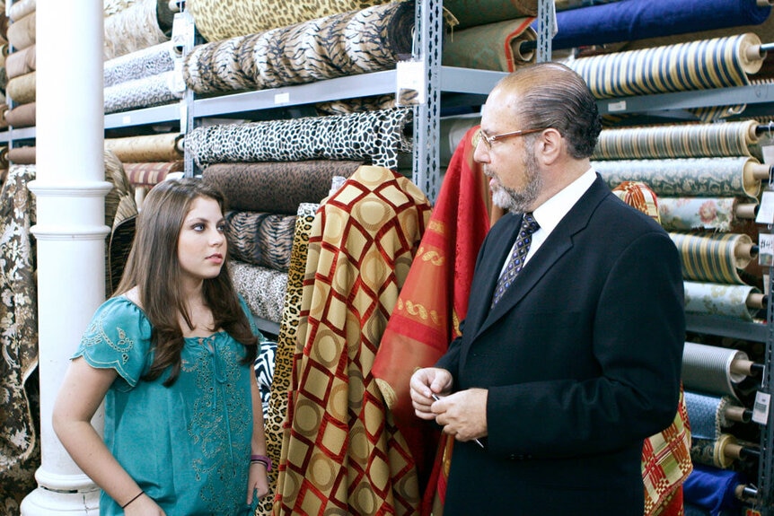 Ally Shapiro and Bobby Zarin at a fabric store in New York City.