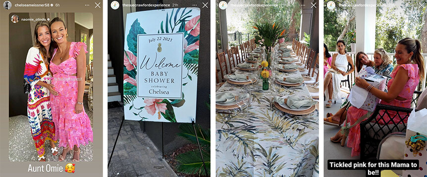 A split image of guests and decor at Chelsea’s baby shower.