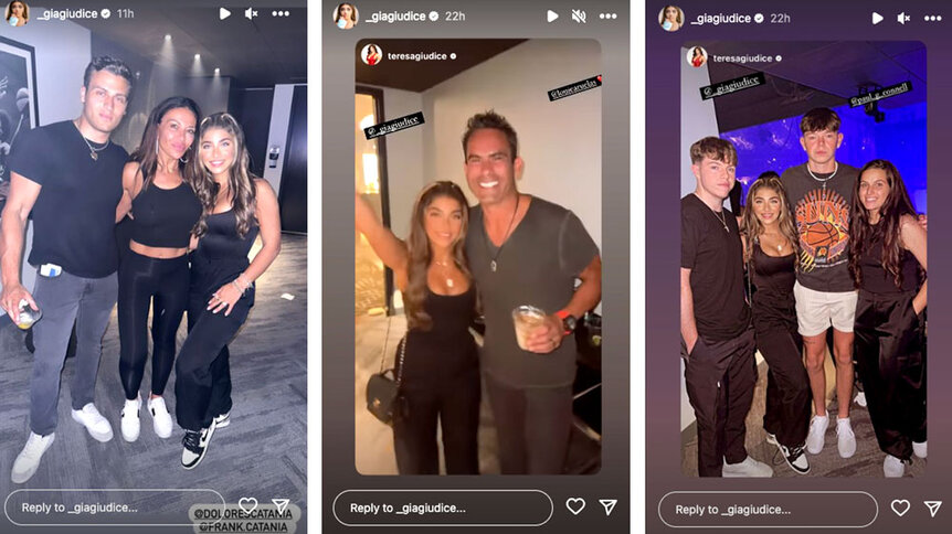 A series of images with Gia Giudice, Frank Catania Jr., Louie Ruelas hanging out together.