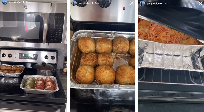 Joe showing food on his stove and inside of his oven.