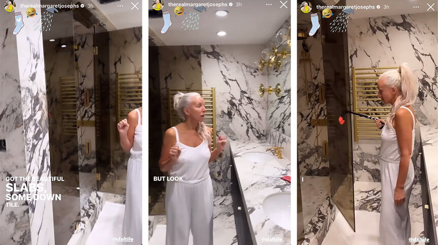 A split photo of Margaret in her marble and glass bathroom.