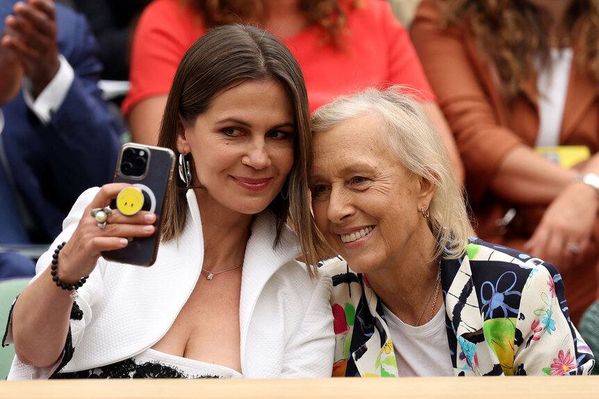 Martina Navratilova and Julia Lemigovatake a selfie at Wimbledon