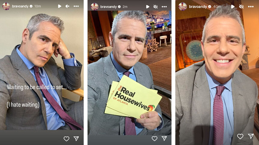 A series of images of Andy Cohen at The Real Housewives of Atlanta reunion.