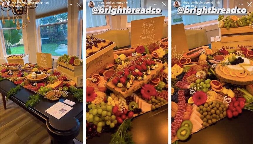 A split image of a grazing table with fruits, meats, and cheeses.