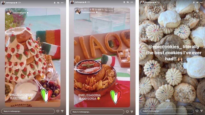 Instagram Story photos of Italian food and dessert at Joe Gorga’s birthday party