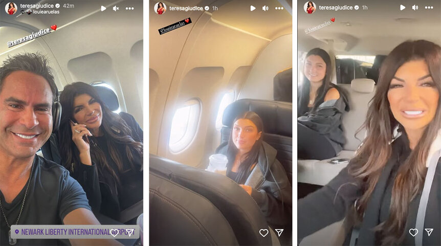 A split image of Louie, Teresa, and Gabriella on a plane and in a car smiling.