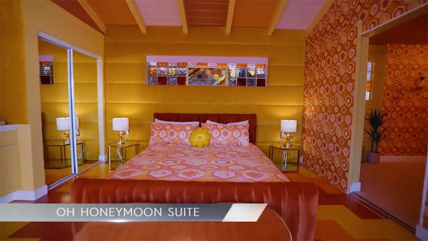 A brightly patterned, yellow and orange, suite at the Trixie Motel in Palm Springs.