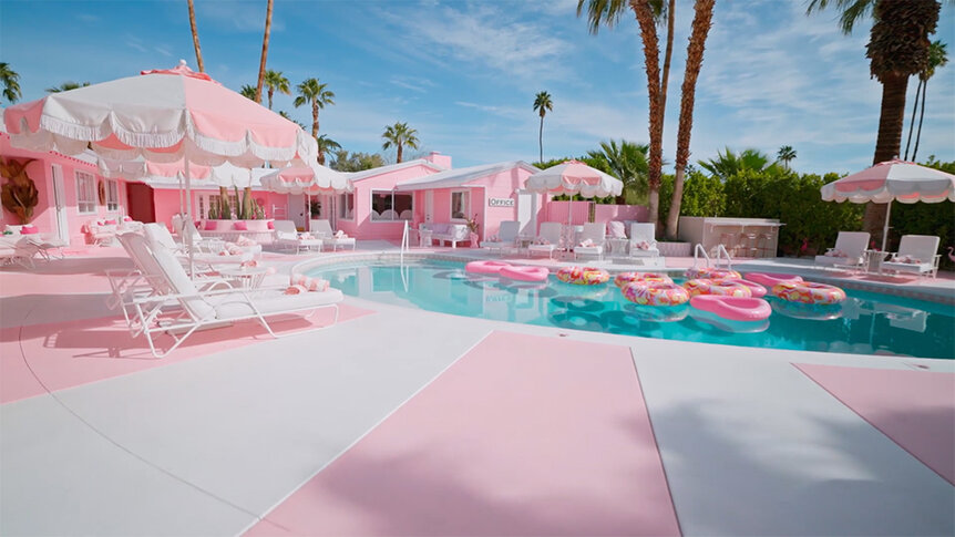 The colorful pink and white pool at the Trixie Motel in Palm Springs.