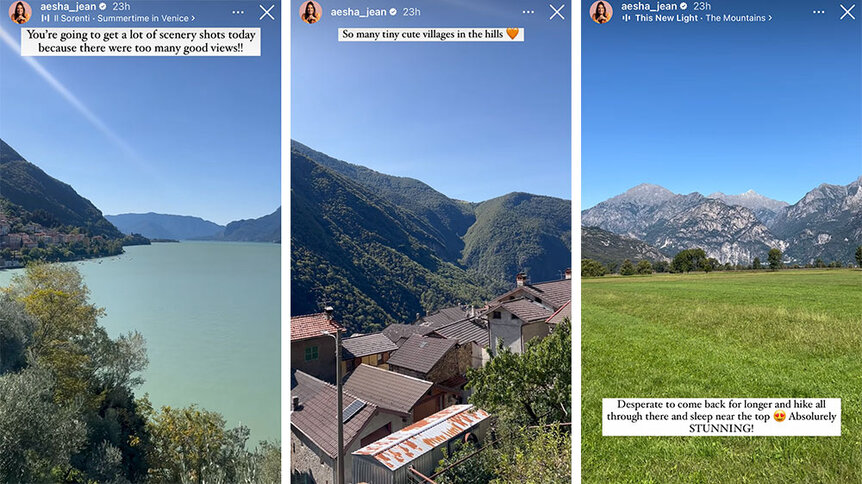 A split of the scenery during Aesha Scott's trip to Lake Cuomo, Italy. Overlaid text: "You're going to get a lot of scenery shots today because there were too many good views!!!" "So many tiny cute villages in the hills [orange heart emoji]" "Desperate to come back for longer and hike all through there and sleep near the top [heart eyes emoji] Absolutely STUNNING!"