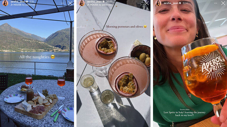 A split of the food during Aesha Scott's trip to Lake Cuomo, Italy. Overlaid text: "All the naughties [nerd face emoji]" "Morning pornstars and olives [grinning squinting face emoji]" "Last Spritz in Italy! Starting the journey back to my love!!!"