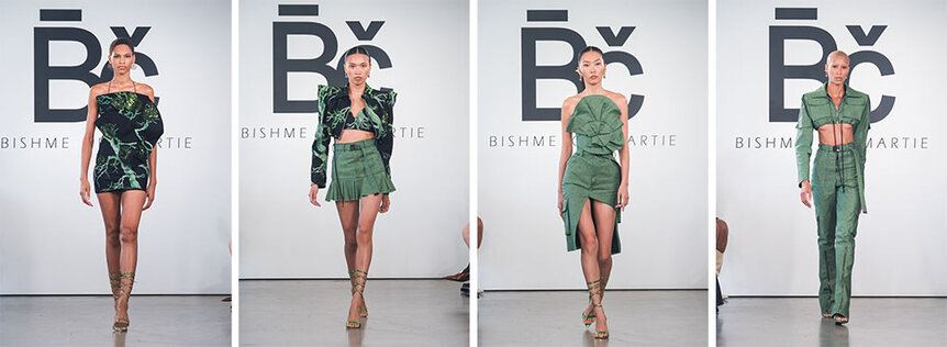 A split of Bishme Cromartie's green NYFW designs on the runway at Spring Studios in New York.