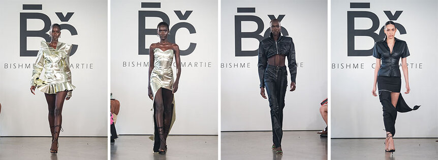 A split of Bishme Cromartie's pewter and black NYFW designs on the runway at Spring Studios in New York.