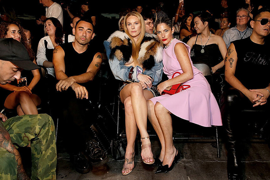 Leah McSweeney seated at Shao NYFW and posing with Nicola Formichetti and Maayan Zilberman.