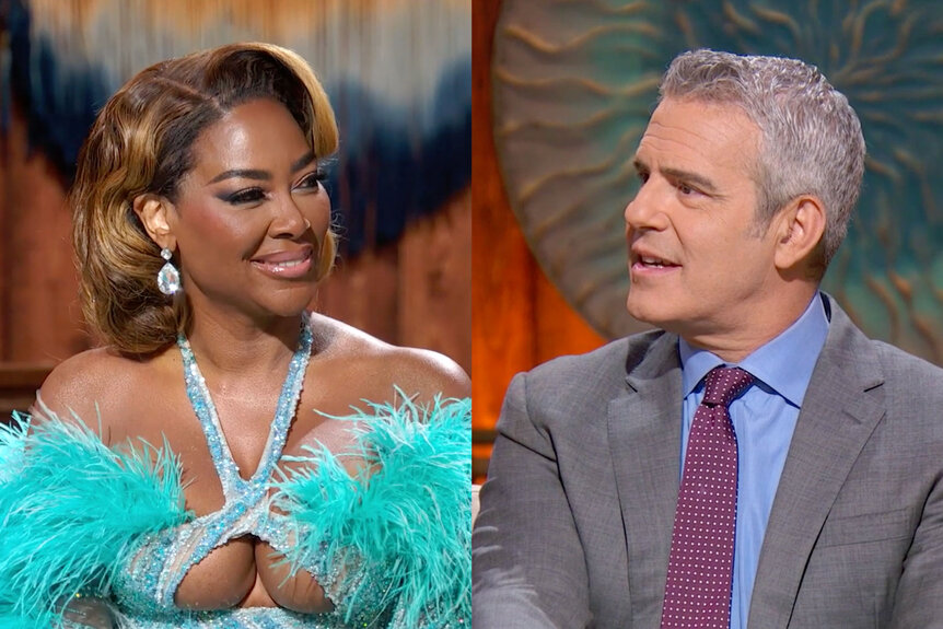 Split of Kenya Moore and Andy Cohen sitting at the RHOA reunion stage having a conversation.