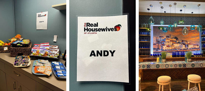 Behind-the-scenes snacks, signs, and set areas at the RHOA Season 15 reunion.