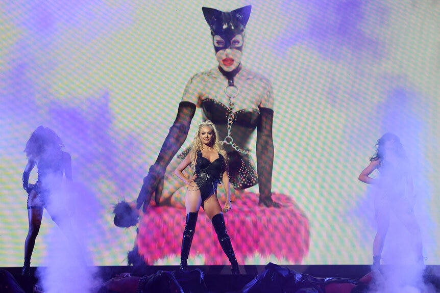 Erika Jayne on stage in Las Vegas performing her Bet It All On Blonde show.
