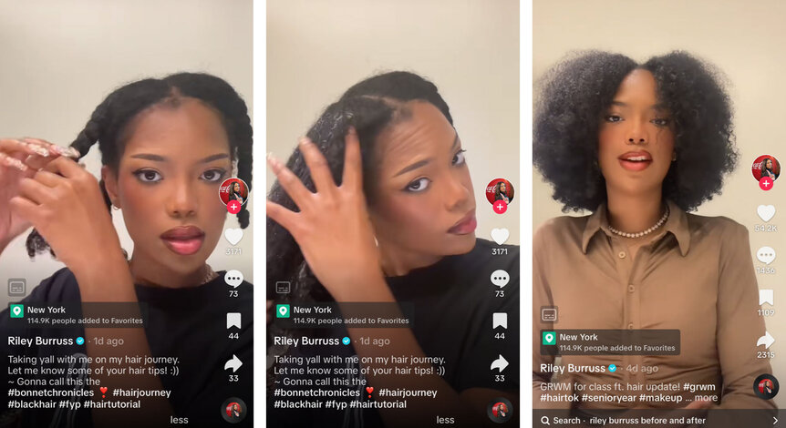 A split of Riley Burruss showing how she styles her hair.