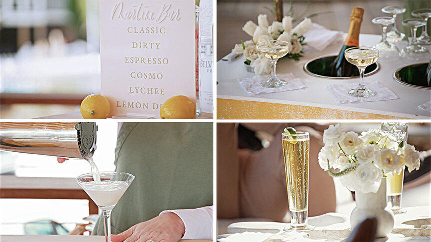 A split of the drink menu, a martini, and champagne at Madison LeCroy and Brett Randle's wedding party in Charleston, South Carolina.