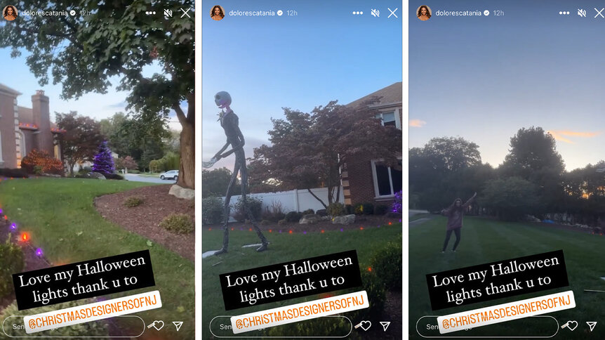 A collage of instagram stores of Dolores Catania's Halloween decorations featuring purple and orange lights and a large Jack Skellington on her yard.