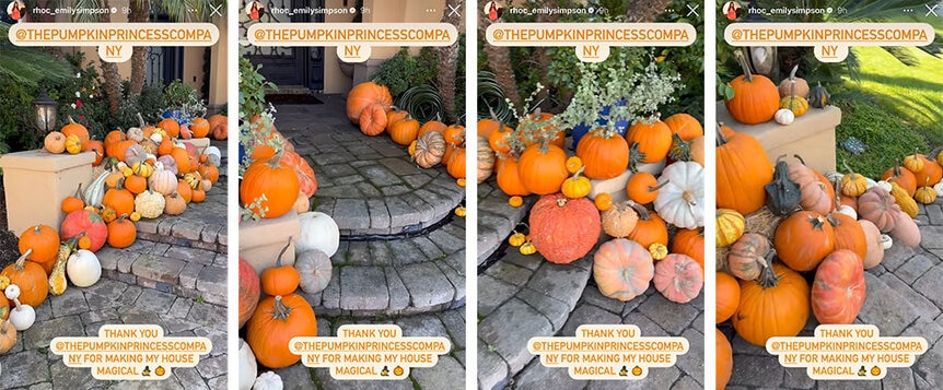 A split of Emily Simpson's outdoor home fall decor featuring a variety of pumpkins and gourds in different colors.