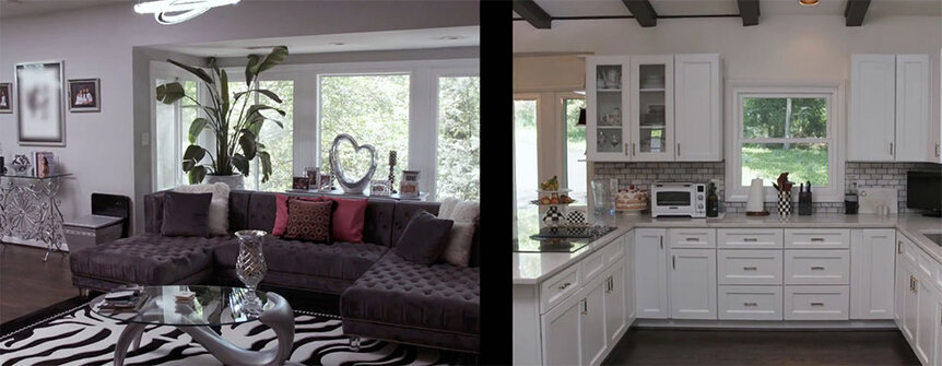 A split of Gizelle Bryant's living room and kitchen.