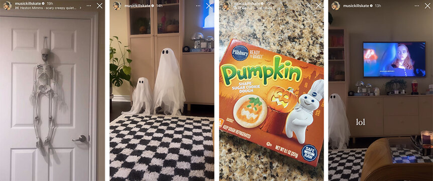 A split of Katie Maloney's Halloween decor including ghosts, a skeleton, pumpkin cookies, and movies.