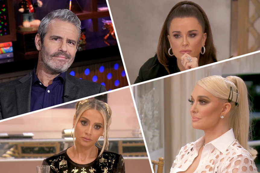 Composite of Andy Cohen at WWHL and Kyle Richards, Dorit Kemsley and Erika Jayne at a dinner party for RHOBH.
