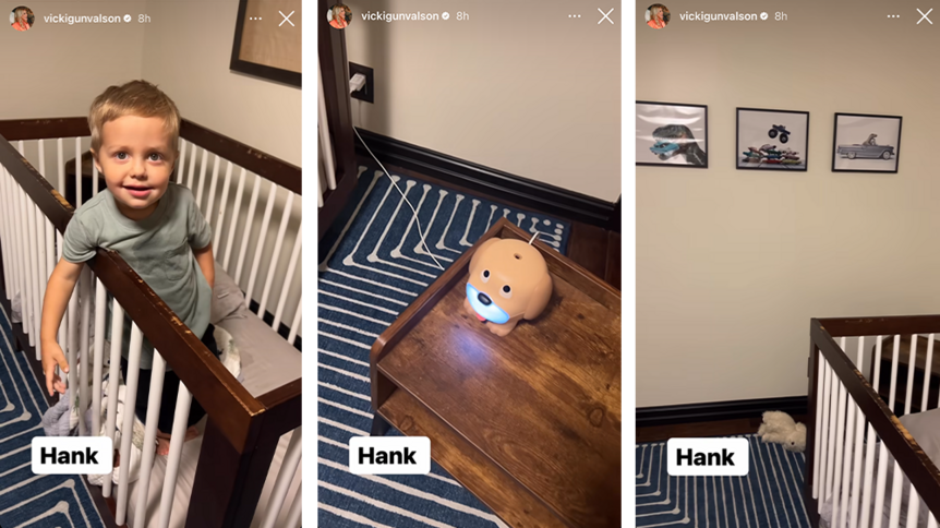 A split featuring The Real Housewives of Orange County's Vicki Gunvalson's grandson Hank standing in his crib and his room.