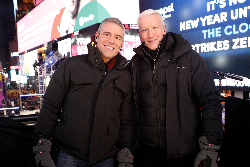 Anderson Cooper and Andy Cohen in times square on New Years Eve.