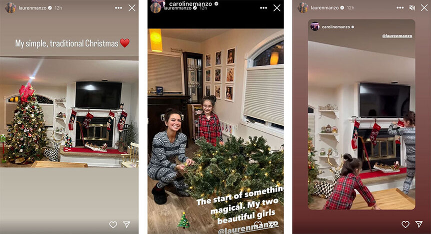 A split of Lauren Manzo's home holiday decor including a Christmas tree and stocklings.