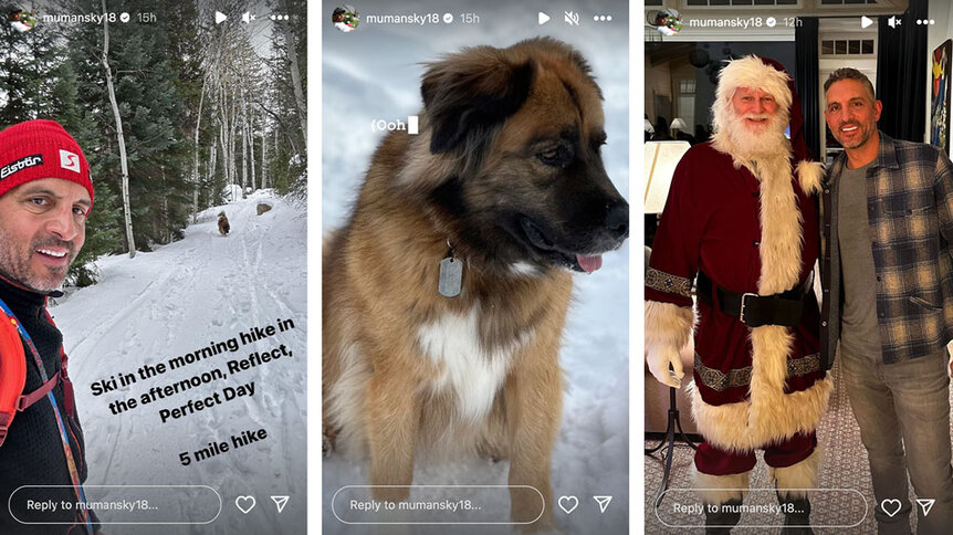 A Split of Mauricio Umansky's trip to Aspen; him while skiing, his dog, and him with Santa.