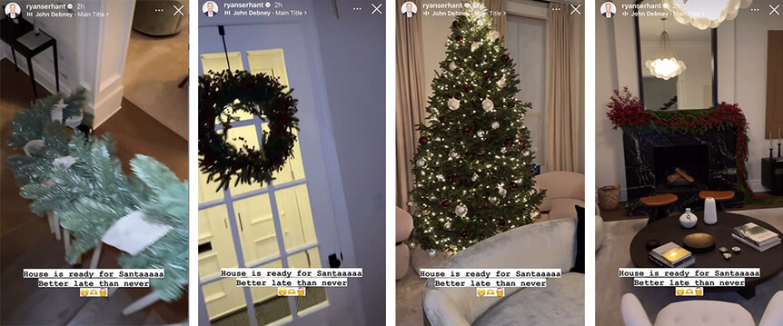 A split of Ryan Serhant's home holiday decor including wreaths, garland, and a Christmas tree.
