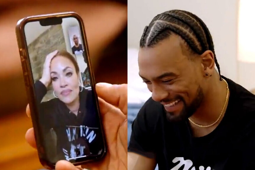 Split of Jason Cameron facetiming with Gizelle Bryant while he films Winter House.
