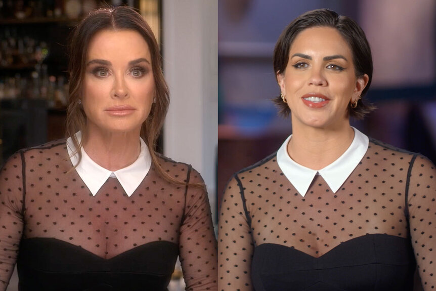 A split of Kyle Richards and Katie Maloney wearing matching outfits.
