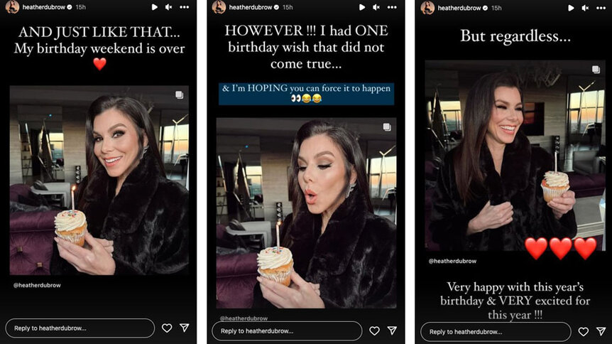 A series of Heather Dubrow with a cupcake celebrating her 55th birthday.
