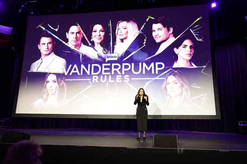 Lisa Vanderpump speaking in front of an audience at the Vanderpump Rules Season 11 premiere party