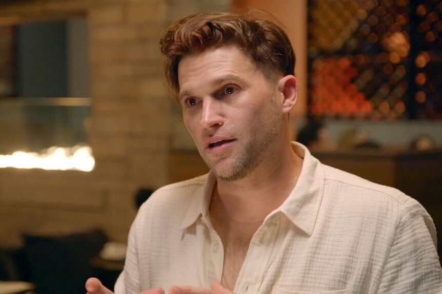 Tom Schwartz wearing a beige shirt while out to dinner in Los Angeles.