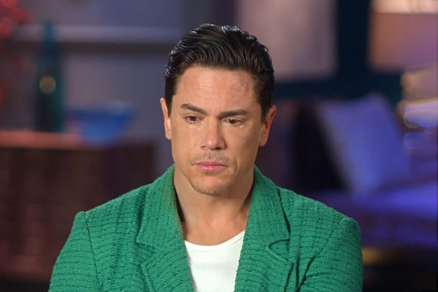 Tom Sandoval crying during an interview clip for Vanderpump Rules.