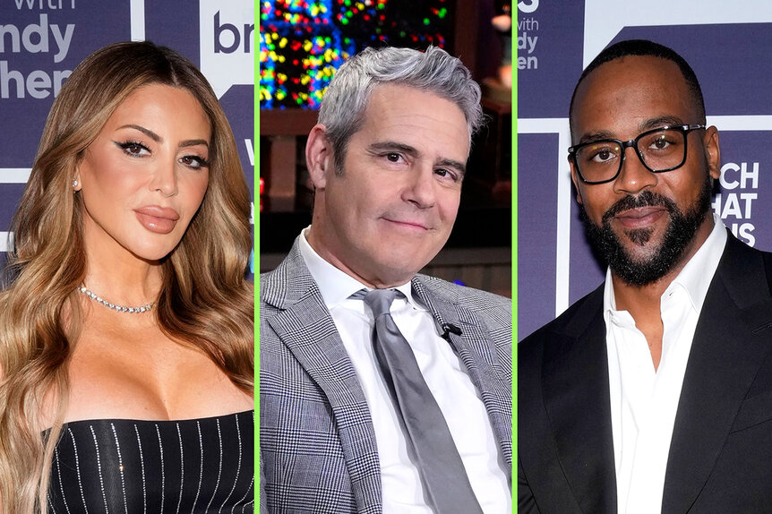 Split of Andy Cohen, Larsa Pippen, and Marcus Jordan all at Watch What Happens Live