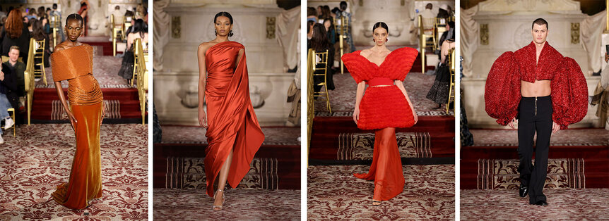 A split of models walking on the runway at Christian Siriano's NYFW show.