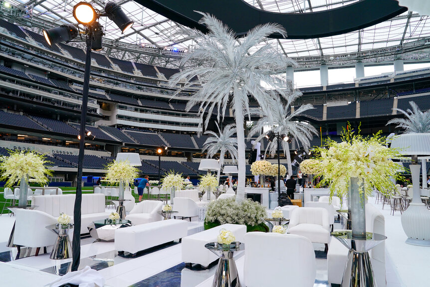 SoFi Stadium decorated with white furniture and decoration during Kyle Richards white party