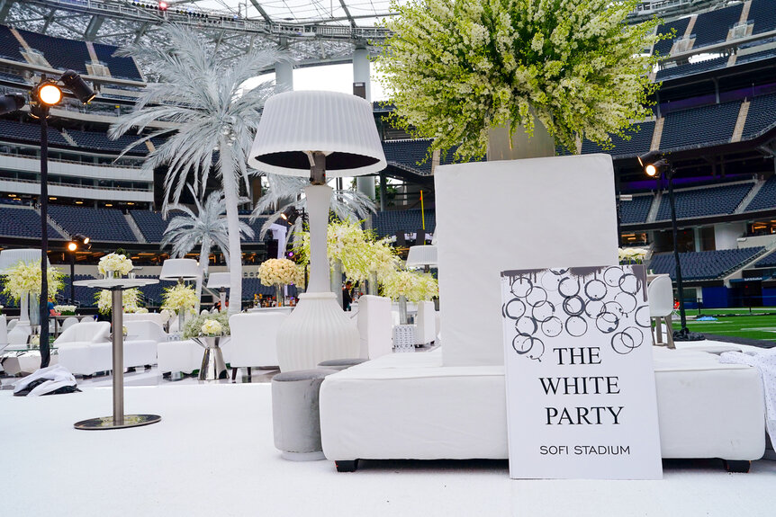 SoFi Stadium decorated with white furniture and decoration during Kyle Richards white party