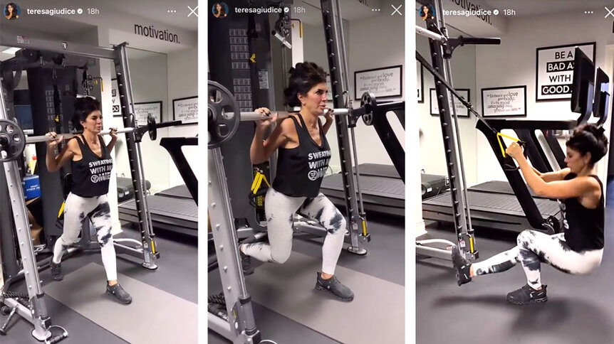 A series of images of Teresa Giudice working out in her home gym.