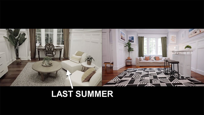 A before and after of a room redecoration at the Summer House.