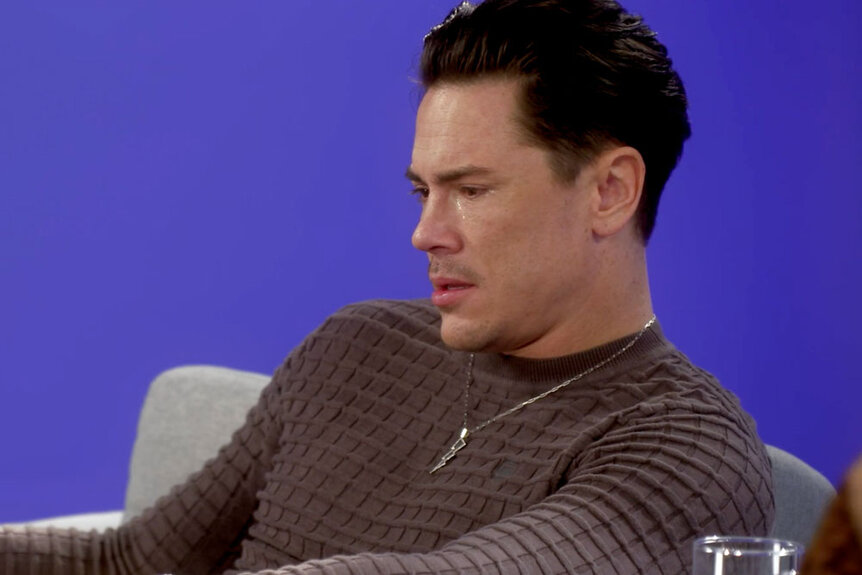 Tom Sandoval crying during an interview during the VPR aftershow.