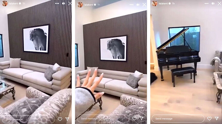 A series of Lala kent's artwork, sofa and piano in her new home