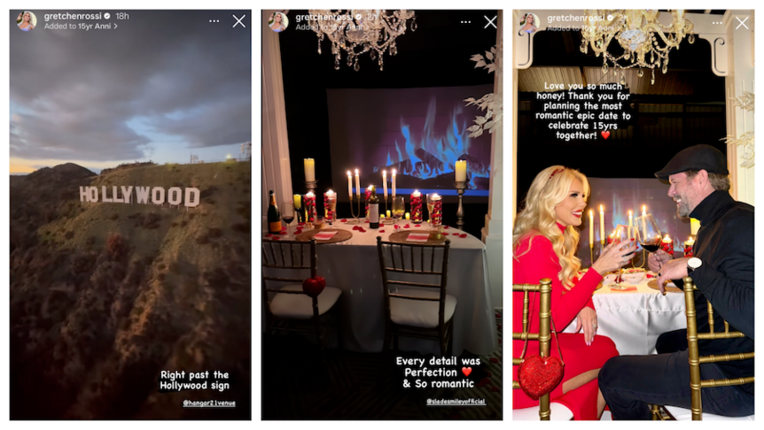 Instagram Stories panels showing the Hollywood Sign and Gretchen Rossi and Slade Smiley