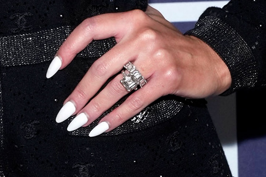 Detail image of Dorit Kemsley engagement ring and wedding ring.