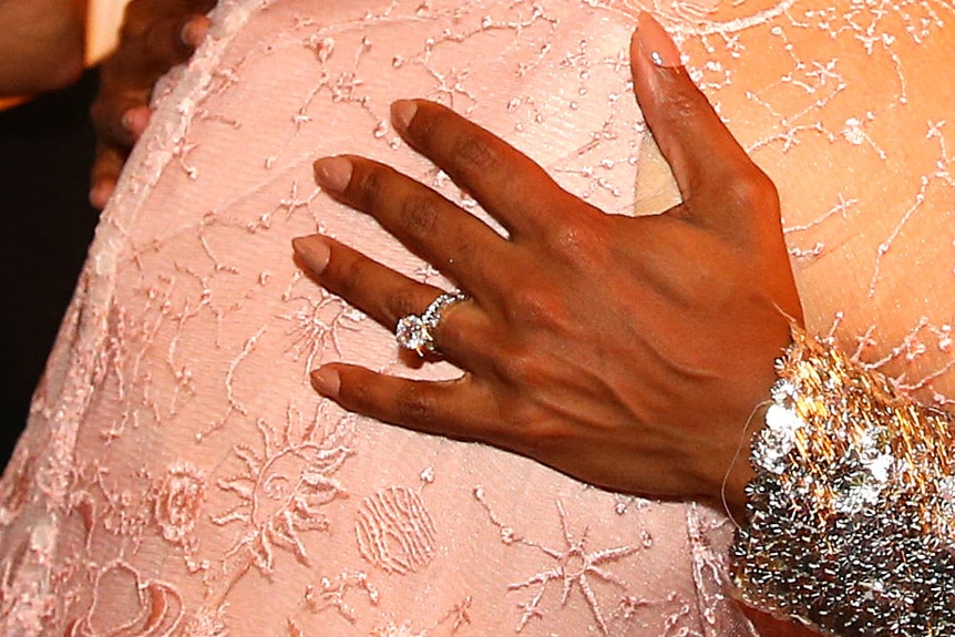 Detail shot of Candiace Dillard's engagement ring.