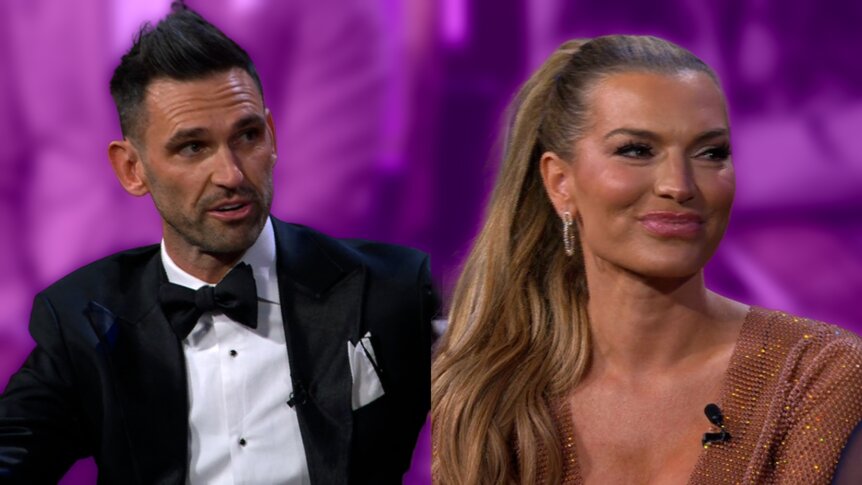 A composite of Carl Radke wearing a tuxedo and Lindsay Hubbard wearing a gold dress in front of a purple background.